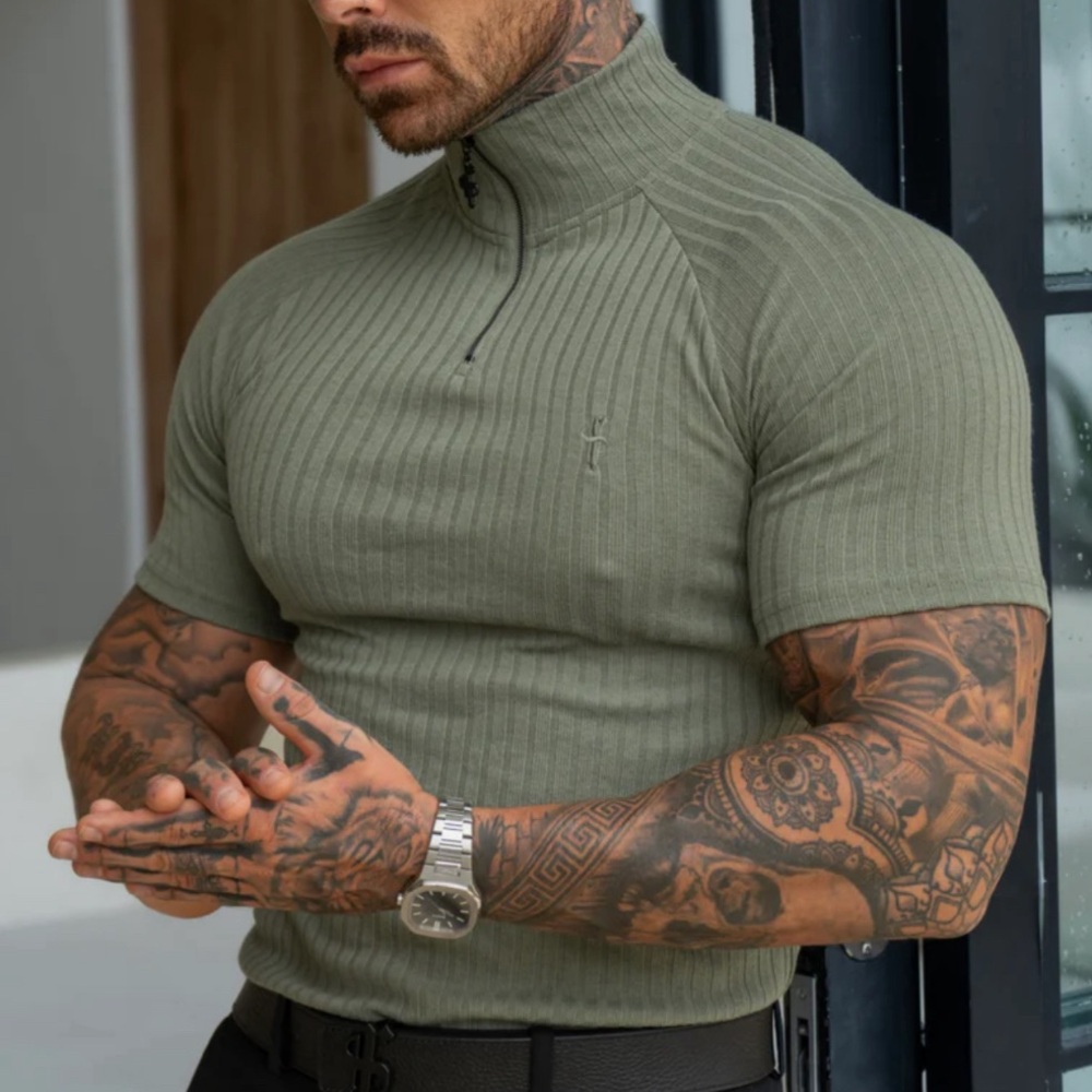 MENS FATHER SONS CLASSIC ARMY GREEN RIBBED ZIP FUNNEL NECK RAGLAN SHORT SLEEVE